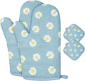 AUAUY Oven Mitts and Pot Holders 4PCS Set, 392°F Heat Resistant, Daisy-Blue | Cooking Gloves and Hot Pads Baking Mittens, Grilling Gloves BBQ Gloves Non-Slip Kitchen Mittens for Oven Cooking Baking BBQ