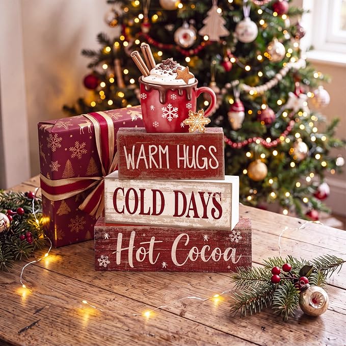 Lineshading 4 Pcs Wooden Hot Cocoa Block Signs Tiered Tray Decor with Mug | Farmhouse Stackable Wood Blocks, Warm Hugs Cold Days Text, Winter Coffee Bar Display, Mug Topper with Cinnamon Sticks
