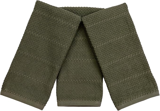 Olive Green Kitchen Hand Dish Towels, Set of 3, 100% Cotton, 18" x 28" | Terry Loop Ribbed Textured, Soft & Absorbent Cleaning Cloth, Quick Dry, Multipurpose for Everyday Use