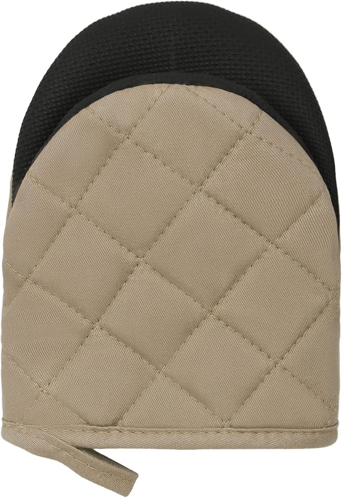 Goldmeet Mini Oven Mitts 2-Pack, 7"x5.5", 500°F Silicone Grip, Light Brown | Non-Slip, Heat Resistant, Machine Washable, Hanging Loop, Fits Small Hands, for Baking Grilling BBQ Cooking