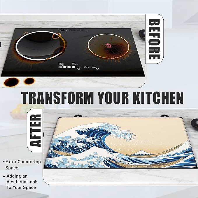 Japanese Wave Glass Top Stove Cover Protector,Vintage Stove Top Covers for Electric Stove,Washable Heat Resistant Cooktop Mat Anti-Slip Range Covers, 28 x 20 Inch