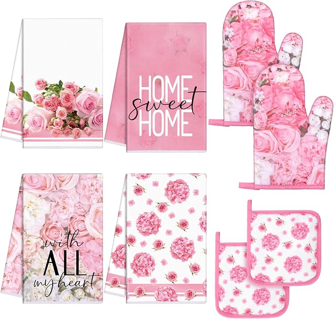 Leinuosen 8 Pcs Pink Rose Kitchen Towels and Dishcloths Sets Oven Mitts and Pot Holders Sets Absorbent Kitchen Gloves Potholders Heat Resistant for Chef Baking Cooking House Decorative Accessories