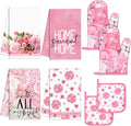 Leinuosen 8 Pcs Pink Rose Kitchen Towels and Dishcloths Sets Oven Mitts and Pot Holders Sets Absorbent Kitchen Gloves Potholders Heat Resistant for Chef Baking Cooking House Decorative Accessories