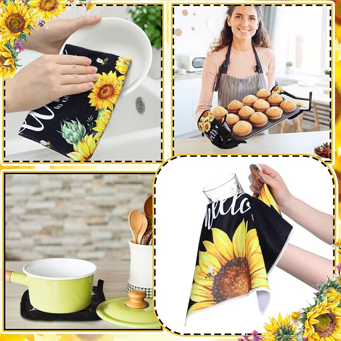 Fourluoo 10 Pcs Sunflower Kitchen Dish Towels Rugs Oven Mitts and Pot Holders Set Farmhouse Kitchen Decor Set for Women Mom Daughter Gift Cooking Baking Grilling (Bright Black Yellow)