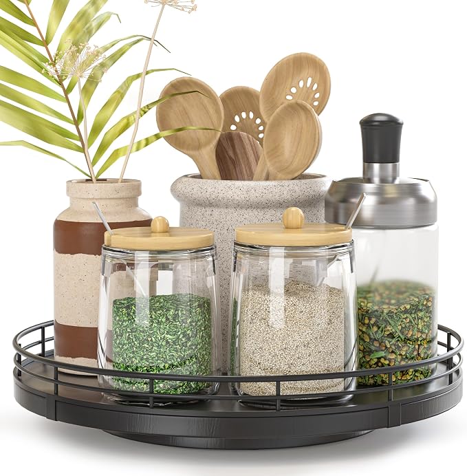 Oroyutor 9-Inch Oak Lazy Susan Spice Organizer, Black Finish | Rotating oak tray organizes spices, toiletries and decor on kitchen counters, bathroom vanities, dining and coffee tables.