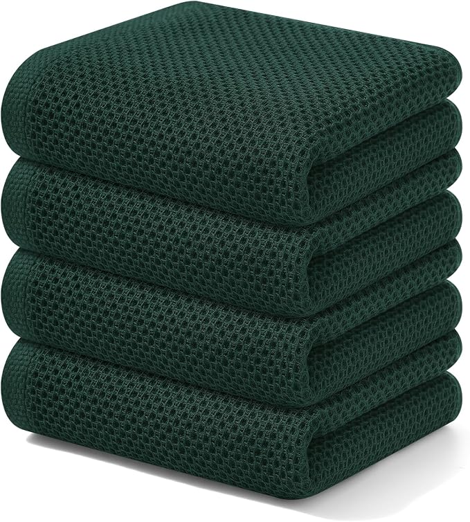 Kitinjoy Cotton Waffle 4-Pack Kitchen Towels, 13" x 28", Blackish Green | Super Soft, Ultra-Absorbent, Fast Drying, lightweight, Quick Drying Kitchen Hand Towels