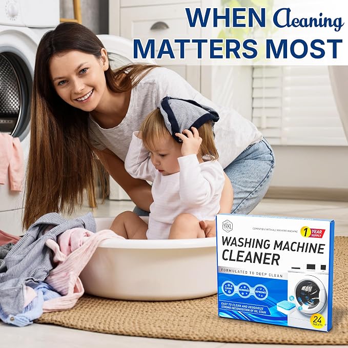 Washing Machine Cleaner Tablets – 24-Pack Deep Cleaning & Descaler for HE, Front Load & Top Load washer cleaner tablets, Septic-Safe, 12-Month Supply