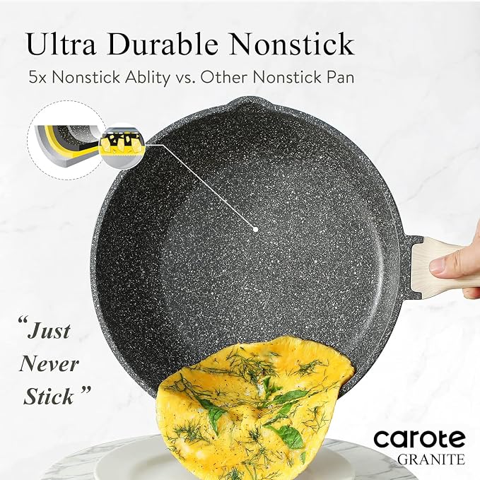 CAROTE 12 Inch Nonstick Deep Frying Pan with Lid, 5.5 Qt | Kitchen Non-Toxic PFOA Free Cookware, Covered Skillet All Stovetops Compatible , Black Granite