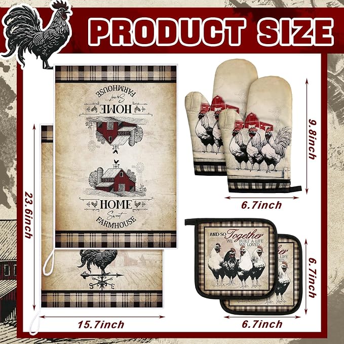 Leinuosen 6 Barn Farm Farmhouse Kitchen Decor Dish Towels Oven Mitts and Pot Holders Sets Chicken Kitchen Towels Absorbent Decorative Accessories for Cooking Baking Grilling