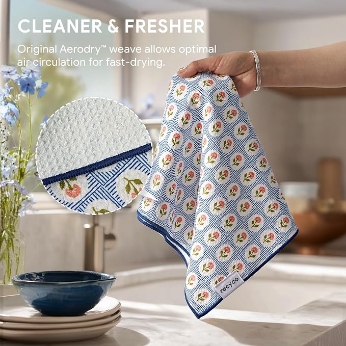 RECYCO Waffle Kitchen Towel Set of 2 - Quick Dry Microfiber Sustainable Dish Towels - Ultra Absorbent Reusable Cleaning Tea Towels - Lightweight Hand Towels,16”x 28”, Bloom Tiles