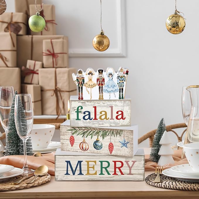 Lineshading 4 Pcs Wooden Nutcracker Block Signs Christmas Farmhouse Decor | Nutcracker Ballet Theme, 3-tiered Stackable Blocks, Rustic Wood Finish for Mantel Shelf Tabletop, Vintage Home Accents