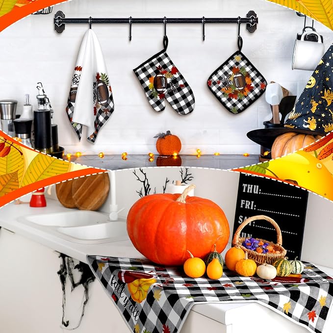 Leinuosen 6 Pack Fall Thanksgiving Kitchen Set with 2 Football Dish Towels, 2 Buffalo Buffalo Plaid Pot Holders and 2 Marple Leaves Oven Mitts for Gifting, Baking, and Cooking Accessories