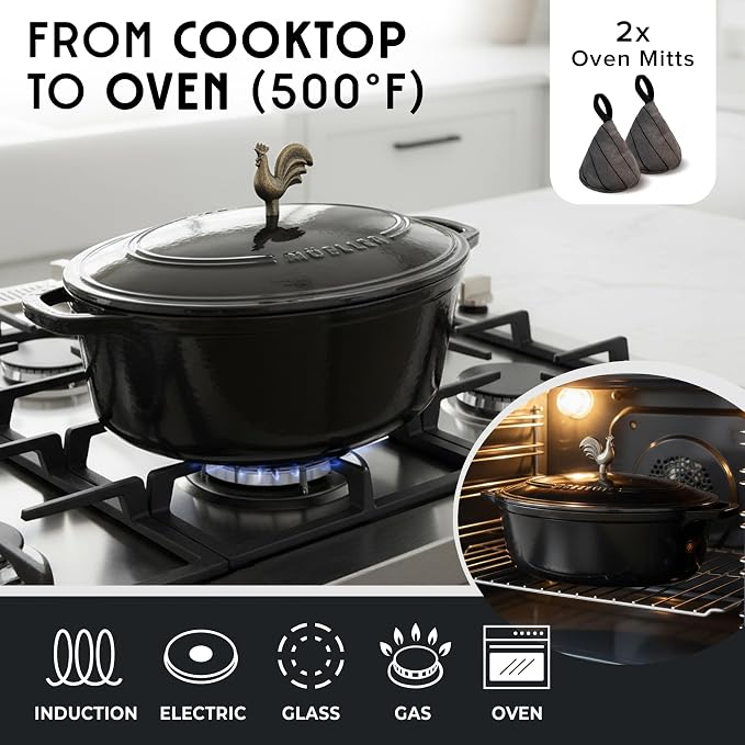 MUELLER HOME 5.5 Quart Enameled Cast Iron Oval Dutch Oven with Rooster Knob & Cotton Potholders, Heavy-Duty Cookware, Oven-Safe up to 500° F & Across All Cooktops, Gifts for Grandma & Women, Black | Rooster Knob, Cotton Potholders Included, Oven-Safe u...