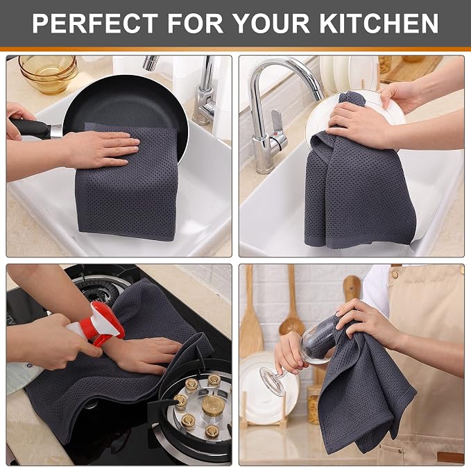 Kitinjoy 100% Cotton Waffle Weave Kitchen Towels, 4-Pack Super Soft and Absorbent Dish Towels for Drying Dishes, Kitchen Hand Towels, 13 in x 28 in, Dark Grey | Super Soft, Ultra-Absorbent, Fast Drying, lightweight, Quick Drying Kitchen Hand Towels
