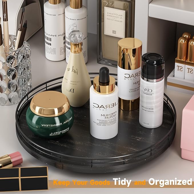 AMH 13-Inch Oak Lazy Susan Vanity Tray with Black Brushed Gold Finish Rail | Smooth rotating oak tray with walnut finish for dining tables, kitchen counters, pantries and cabinet storage.
