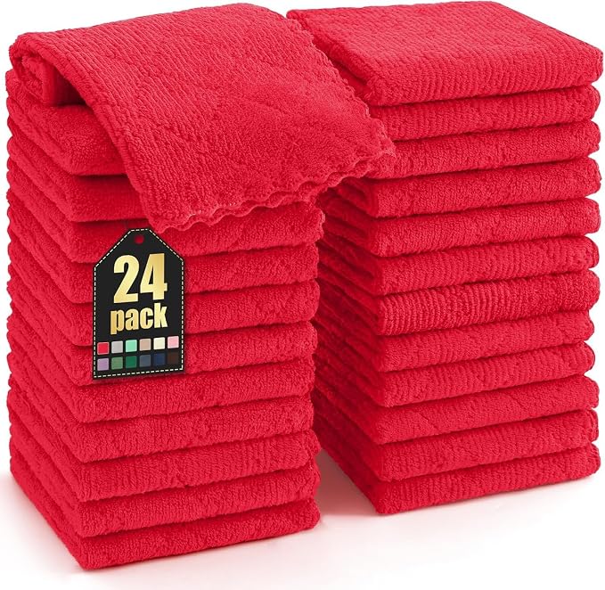 Homaxy 24 Pack Super Soft Absorbent Dish Cloths, 10" x 10", Red | Coral Velvet, Nonstick Oil Fast Drying Microfiber Cleaning Cloth, No Lint Household Dishcloths