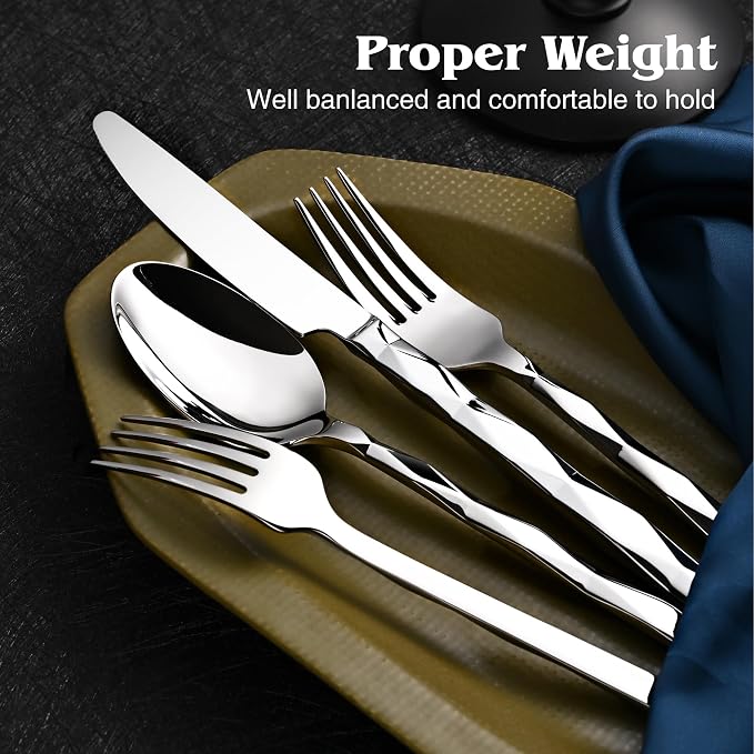 40 Piece 18/10 Silverware Set, Stainless Steel Flatware Cutlery set for 8 | KINGSTONE Luxury Silverware with Diamond Cut Pattern, Mirror Polished Utensils for Kitchen, Wedding, Party, Dishwasher Safe