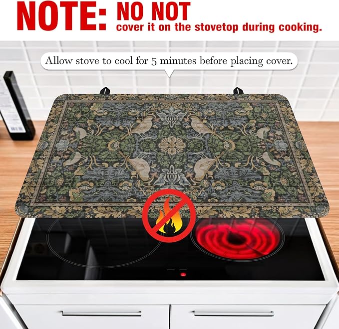 Boho Stove Top Cover for Electric Stoves,Vintage Bird & Botanical Floral Farmhouse Stove Top Cover for Kitchen Decor,Heat Resistant Cooktop Protector Mat,Non-Slip Washable Dish Drying Mat 28"x20"