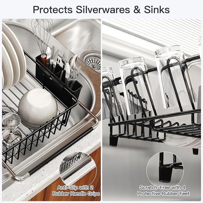 Dish Drying Rack Over The Sink with Utensil Holder, Mat | Expandable Stainless Steel Dish Drainer for Small Kitchen, Apartment, RV, Counter Space Saving, Perfect Fit, Rustproof