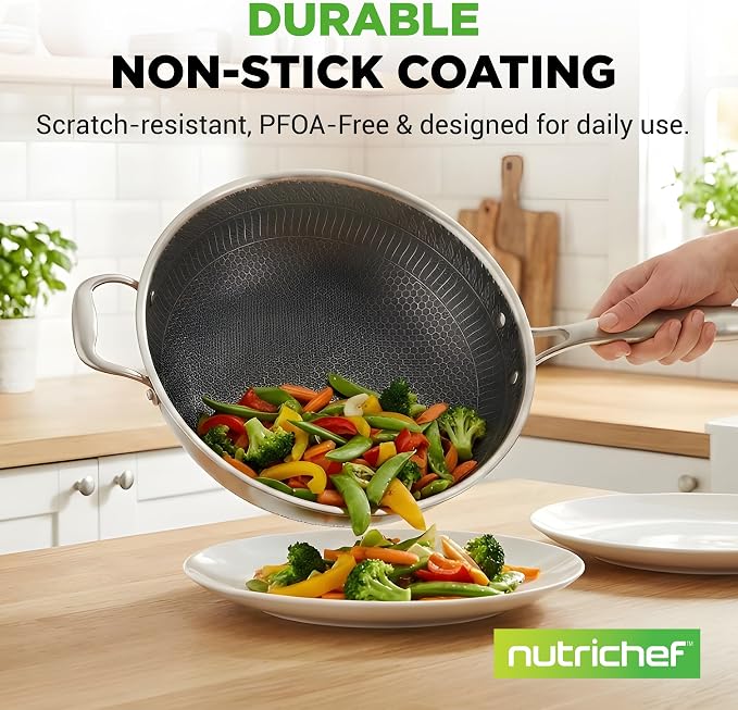 NutriChef 12" Stainless Steel Durable Wok - Triply Kitchenware Wok with Glass Lid, Side Handle - DAKIN Etching Non-Stick Coating, Scratch-resistant Raised-up Honeycomb Fire Textured Pattern