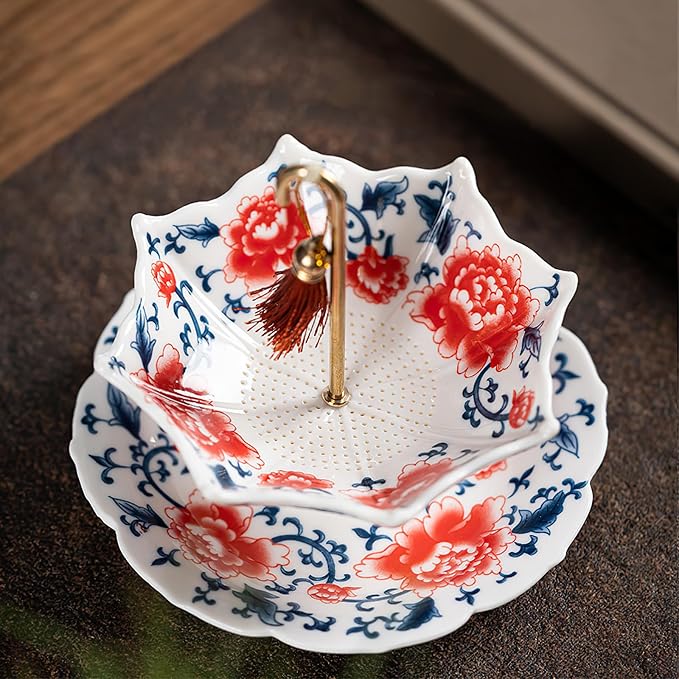 Umbrella Shape Ceramic Tea Strainer - Chinese Blue & White Porcelain Loose Leaf Filter with Rotating Design, Multi-Purpose Tea Infuser for Kung Fu/Coffee/Brewing (Red)