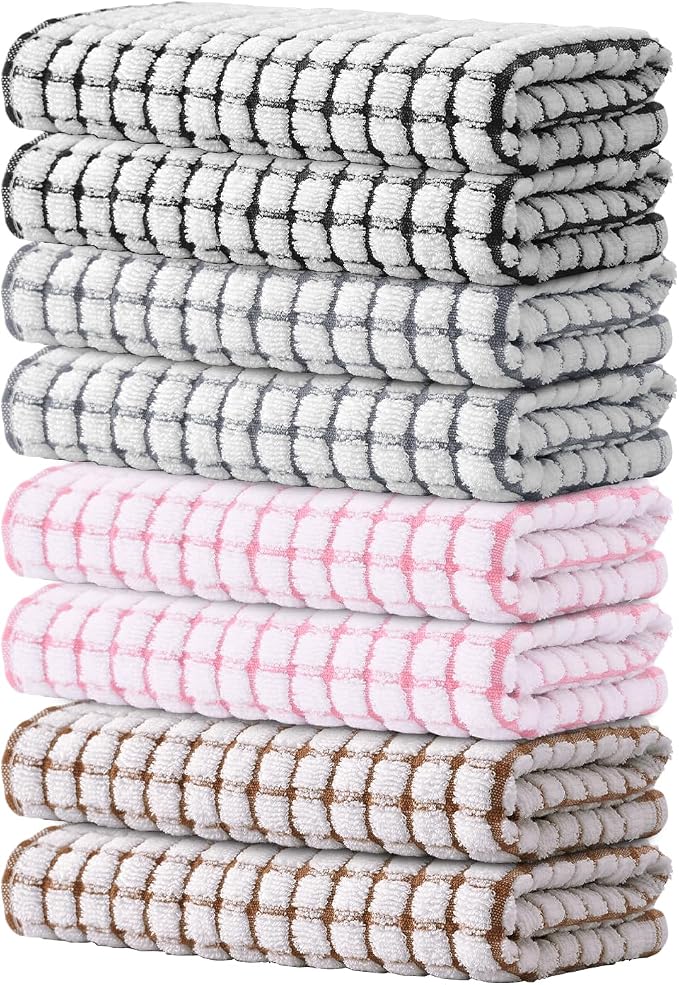 Kitinjoy Cotton 8 Pack Terry Kitchen Towels, Mix Color | 16 x 25 Inches Super Soft and Absorbent Dish Towels, Quick Drying hand towels for kitchen Drying