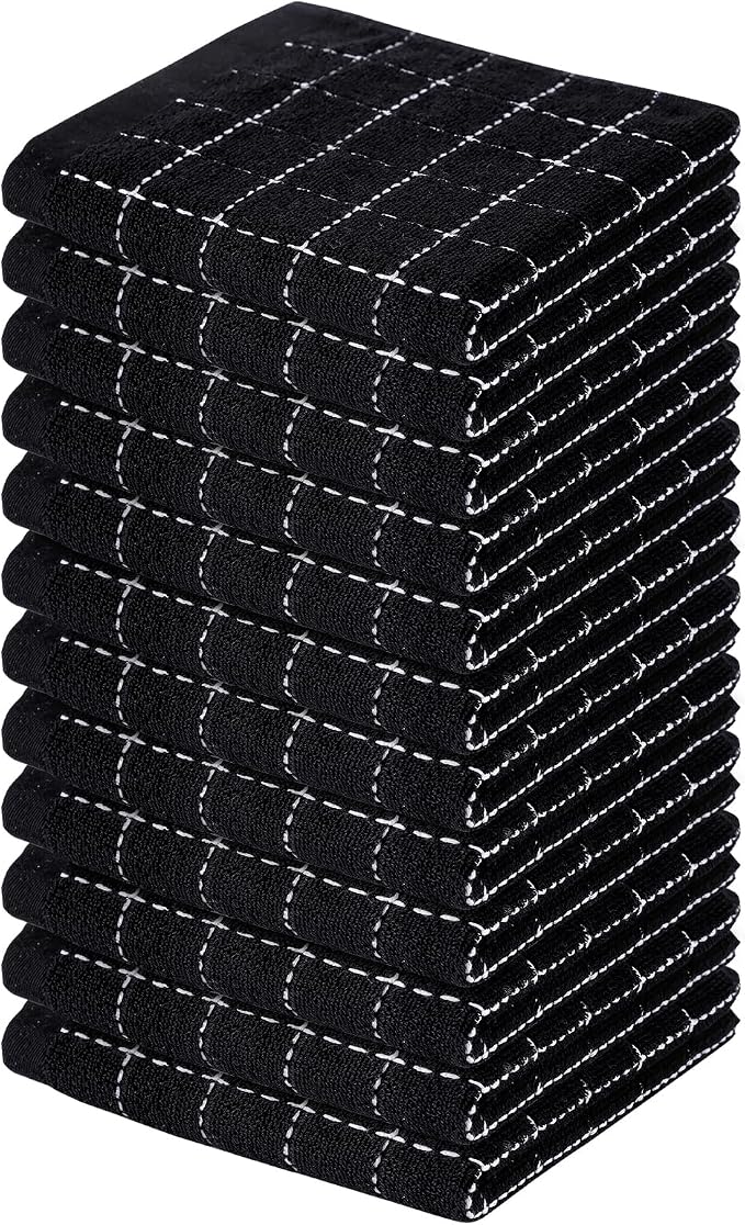 Homaxy 100% Cotton Terry Kitchen Dish Cloths, 12 Pack, Black | Ultra Soft and Absorbent, Suitable for Drying and Washing Dishes