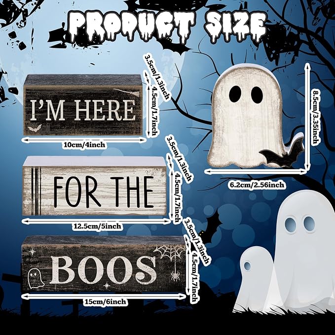 Lineshading 4 Pcs Halloween Table Decoration Ghost Wooden Tiered Tray Decor | Stacked Blocks with Ghost, Rustic Wood, For Tabletop Shelf Mantel, Halloween Farmhouse Home Styling, Gift Ready