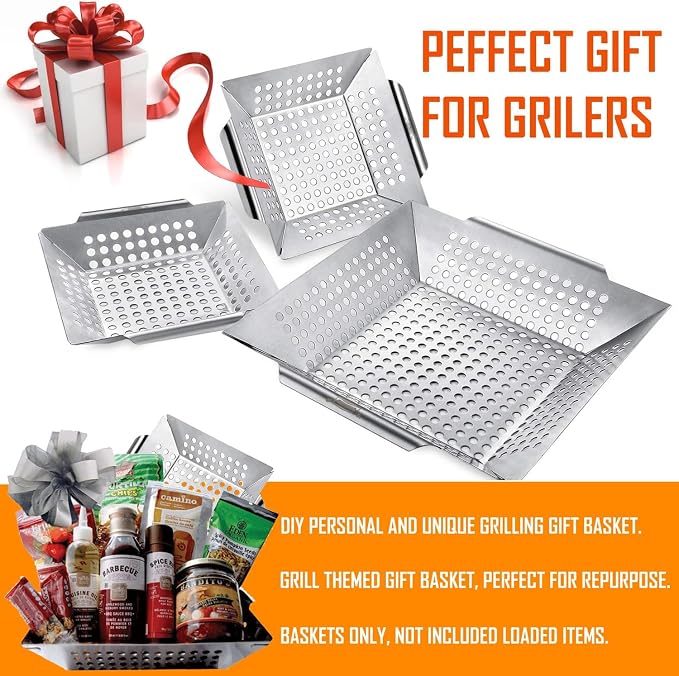 3 Pack Grill Baskets for Outdoor Grill, Heavy Duty Stainless Veggie Pan Set | Vegetable Grill Basket, Grilling Accessories for All Grills & Smokers, Space-Saving 1 Large, 2 Small, Grilling Gifts for Men