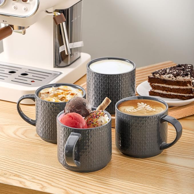 Hasense Coffee Mugs Set of 4 with Stand, 15 oz Porcelain Stackable Coffee Cups Set with handle for Tea, Latte, Milk and Cappuccino, Grey Embossed Tea Cups Set with Geometric Patterns for Men and Women