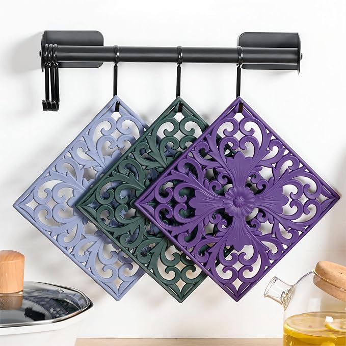 Silicone Trivets Mats for Hot Pots and Pans, Square Microwave Non Slip Mat for Table or Counter, Multi-Use Carved Hot Pads and Mats, Heat Resistant Big Teapot Coaster Set of 3 Teal