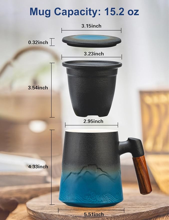 suyika Tea Cup with Infuser and Lid, Gradient Black & Blue, 15.2oz /450ml | Ceramic Mug, Wood Handle, For Loose Leaf Tea