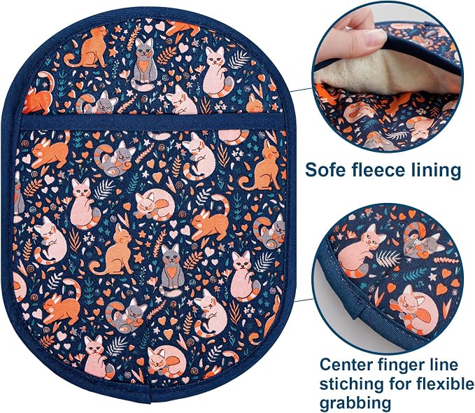 Pot Holders with Transparent Clear Silicone Shell and Nice Cat Flower | Potholders Cotton Lining Set of 2, Heat Resistant to 500 F Kitchen Oven Gloves for Cooking (Navy Cat, Potholders)