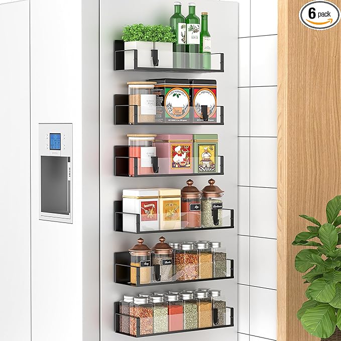 Metal Magnetic Spice Rack for Refrigerator Clear, 6 Pack | Magnetic Shelves Heavy Duty for Fridge in Kitchen, Seasoning Storage Organizer, For Oven Washer and Dryer, For Heavier Items