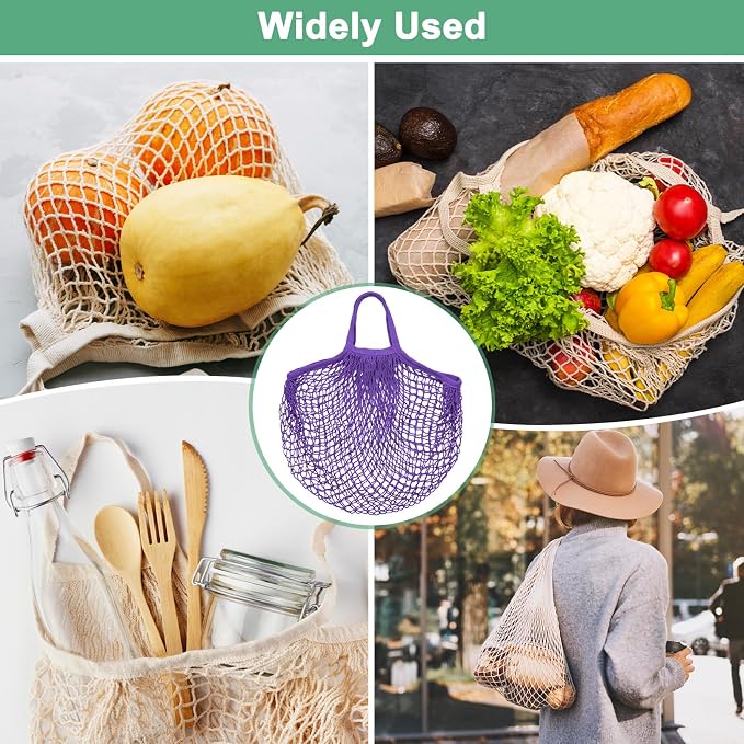 M METERXITY 1-Pack Cotton Mesh Bag, Reusable Washable Mesh Net String Grocery Bags, Reusable Produce Bags with Handle, Net Tote Bag for Fruits/Vegetables Shopping [Purple, Short Handle]