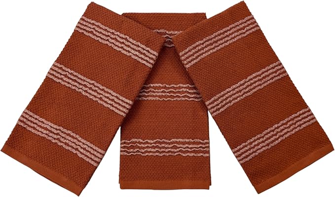 Terracotta Orange Rust Kitchen Dish Towels, 3 PC, 100% Cotton, 18" x 28" | Modern Farmhouse Textured Stripe Weave, Oversized Dish Cloth, Soft & Absorbent, Quick Dry, Multipurpose Everyday Use