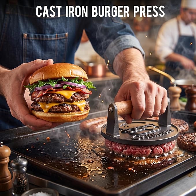 Grilliance Smash Burger Press Kit, Cast Iron Flat Round Hamburger Smasher 6.6" | Heavy Duty Burger with Wooden Handle ,Grill Press for Blackstone Griddle, Skillet, Flattop Grill Cooking