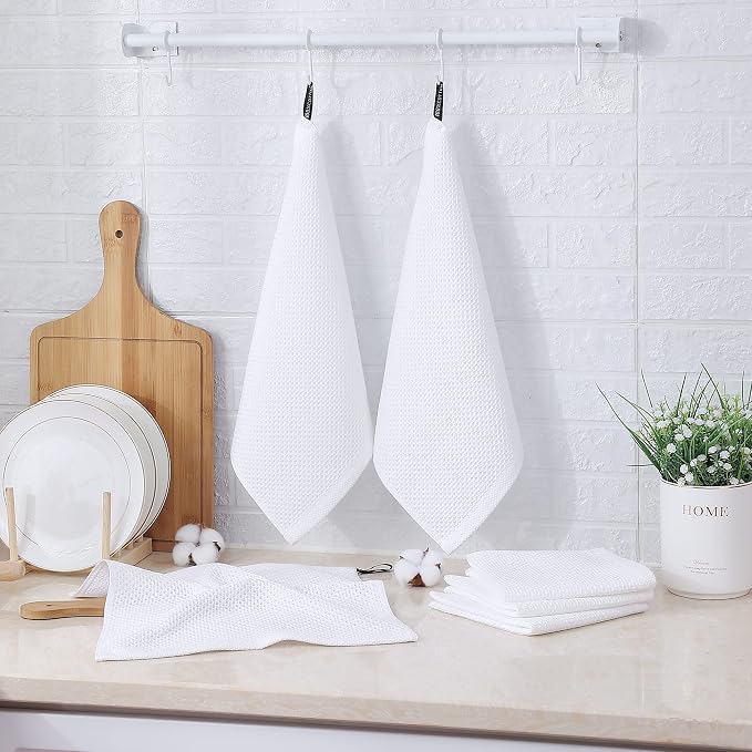 Kitinjoy 100% Cotton Waffle 12-Pack Kitchen Towels, 12" x 12", White | Ultra Absorbent, Super Soft, lightweight, Quick Drying Dish Rags for Washing Dishes