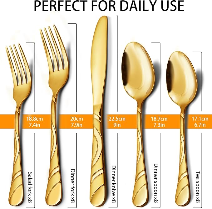 40-Piece Gold Silverware Set for 8, 18/0 Frosted & Mirror Finish Stainless Steel Vintage Flatware Set, Modern Cutlery Set for Home Wedding Restaurant Housewarming Party Event Serving For 8