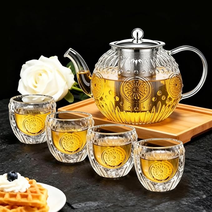 Amzcku 50OZ/1500ml Vintage Glass Teapot Set with 4 Cups, Teapot Set with Removable Infuser Stovetop Safe, Borosilicate Glass Tea Kettle for Blooming & Loose Leaf Tea