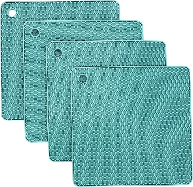 Silicone Trivets for Hot Dishes, Pots and Pans, Hot Pads for Kitchen, Teal Silicone Pot Holders Mats for Kitchen Quartz Counter Heat Resistant Mat, Flexible Table Trivet Set 4