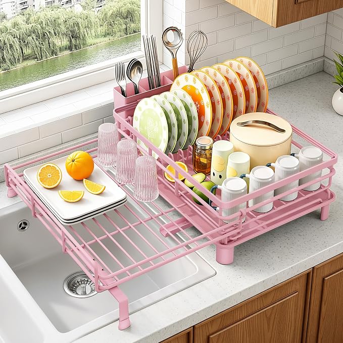 SAYZH Expandable Dish Drying Rack for Kitchen Counter, Metal, Pink | Foldable Over Sink, Large Capacity, Rust-Resistant, Adjustable for Most Sinks, Automatic Drainage, Removable Utensil Holder