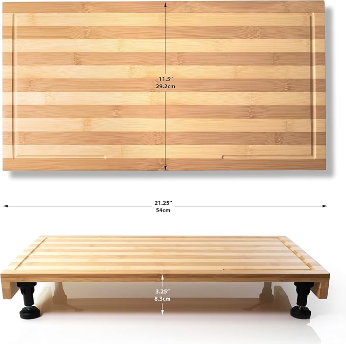 Ceaz Bamboo Cutting Board with Adjustable Legs - Raised Stovetop Cover, Wood Chopping Butcher Block with Juice Grooves for Kitchen, RV, Camper - Complete with Silicone Food Covers