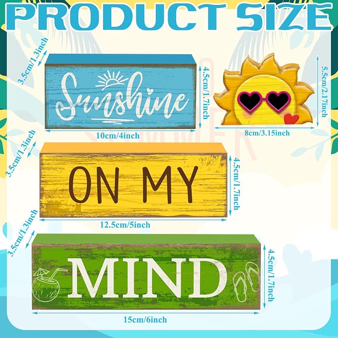 Lineshading 4 Pcs Summer Wooden Block Signs Table Decor Sunshine | Rustic Farmhouse Decorations for Tiered Tray, Shelf Displays, Seasonal Home Accents with Sun Topper, Stackable Design