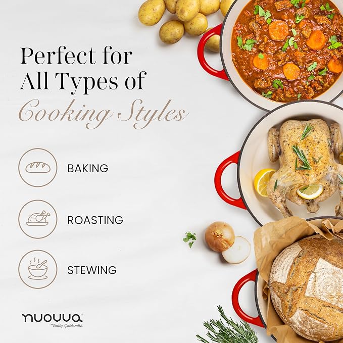 Nuovva Enamelled Cast Iron Dutch Oven Pot with Lid-6.4 Quart Non Stick Casserole Pot-Heavy Duty & Oven Safe up to 500° F for Bread Baking, Braising, Stews, Roasting - 28cm Red
