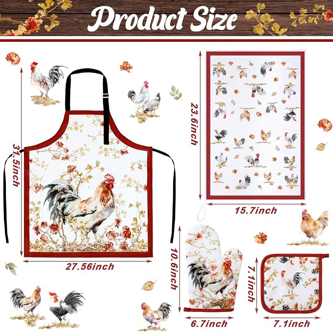 7 Pcs Rooster Kitchen Linen Set Includes Apron 2 Towels Oven Mitt 2 Pot Holders Country Farmhouse Kitchen Decor Gift