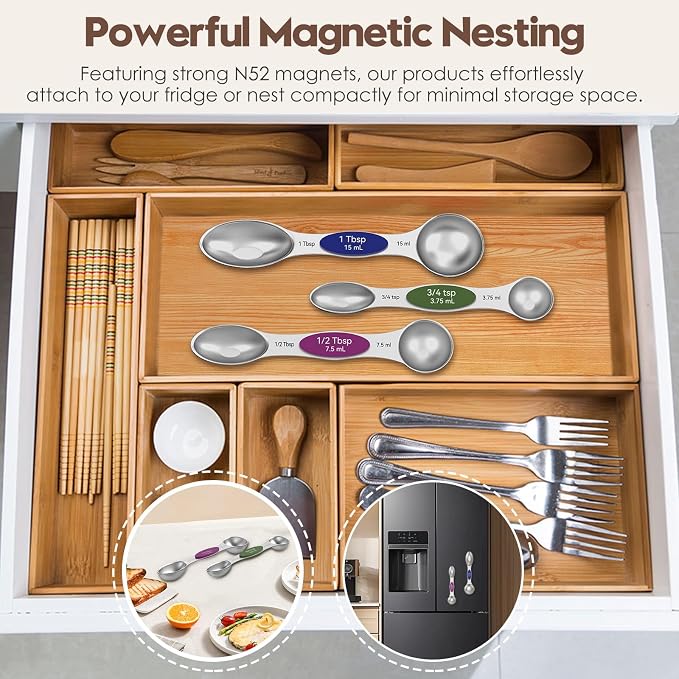 Magnetic Measuring Spoons Set with Measurement Markings | Colorful | Heavy duty 304 stainless steel spoons with strong N52 magnets & triple measurement markings for easy nesting & cleaning.