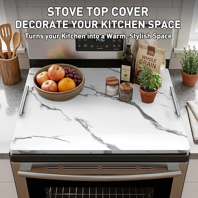 Noodle Board Stove Cover with Handles, Stove Top Covers for Gas Burners and Electric Stove, Wood Stove Cover Board Decorative Serving Tray Kitchen Sink Cover for Counter Space (White Marble)