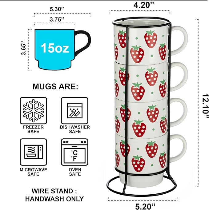 Signature Housewares Stackable Coffee Mug Tower Set with Metal Wire Rack - 15 Ounce Coffee Mugs for Coffee, Tea, Cocoa, Milk, Cappuccino, Hot Chocolate Set of 4 - Strawberry Pattern