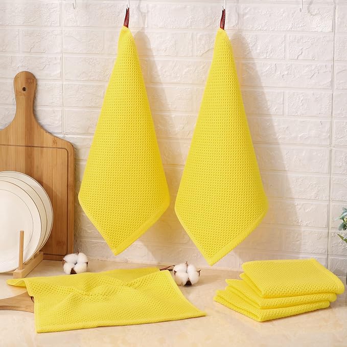 Kitinjoy 100% Cotton Waffle 6-Pack Kitchen Towels, 12" x 12", Yellow | Ultra Absorbent, Super Soft, lightweight, Quick Drying Dish Rags for Washing Dishes